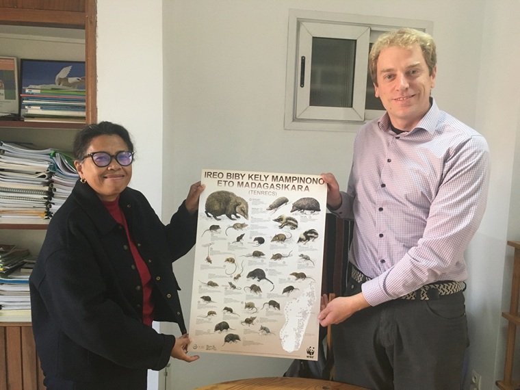 Handing over of tenrec posters to Nanie Ratsifandrihamanana, WWF Madagascar Country Director, in 2024 in Antananarivo. Copyright D. Kupitz