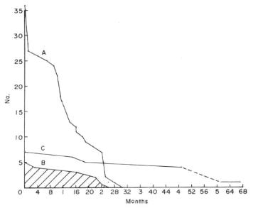Fig. 1  Survival rate of five wild-caught (B) Hemicentetes semispinosus compared with that of 36 captive-born (A) specimens. Seven wild-caught Microgale talazaci (C) achieved a maximum longevity of 5 1/2 years.